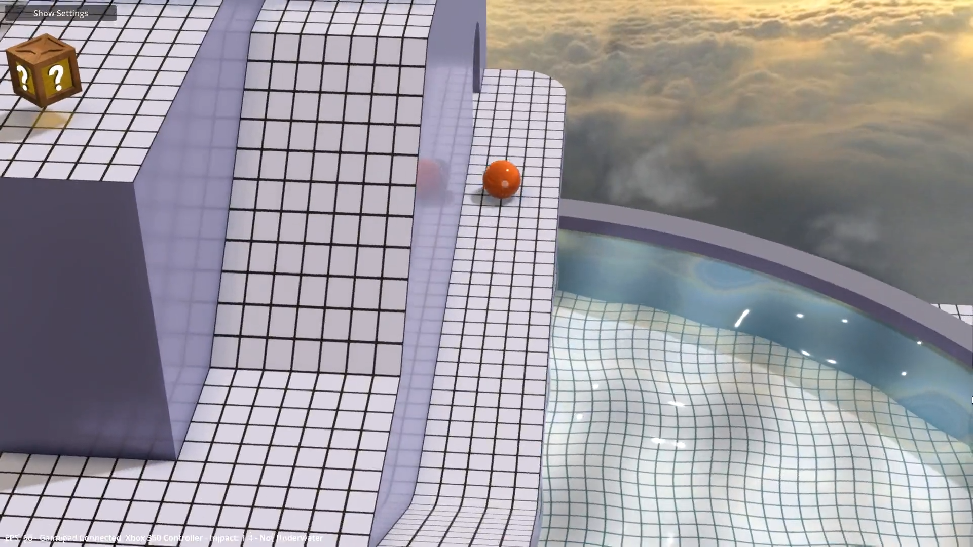 The orange player ball crossing a curved, gridded course above the clouds